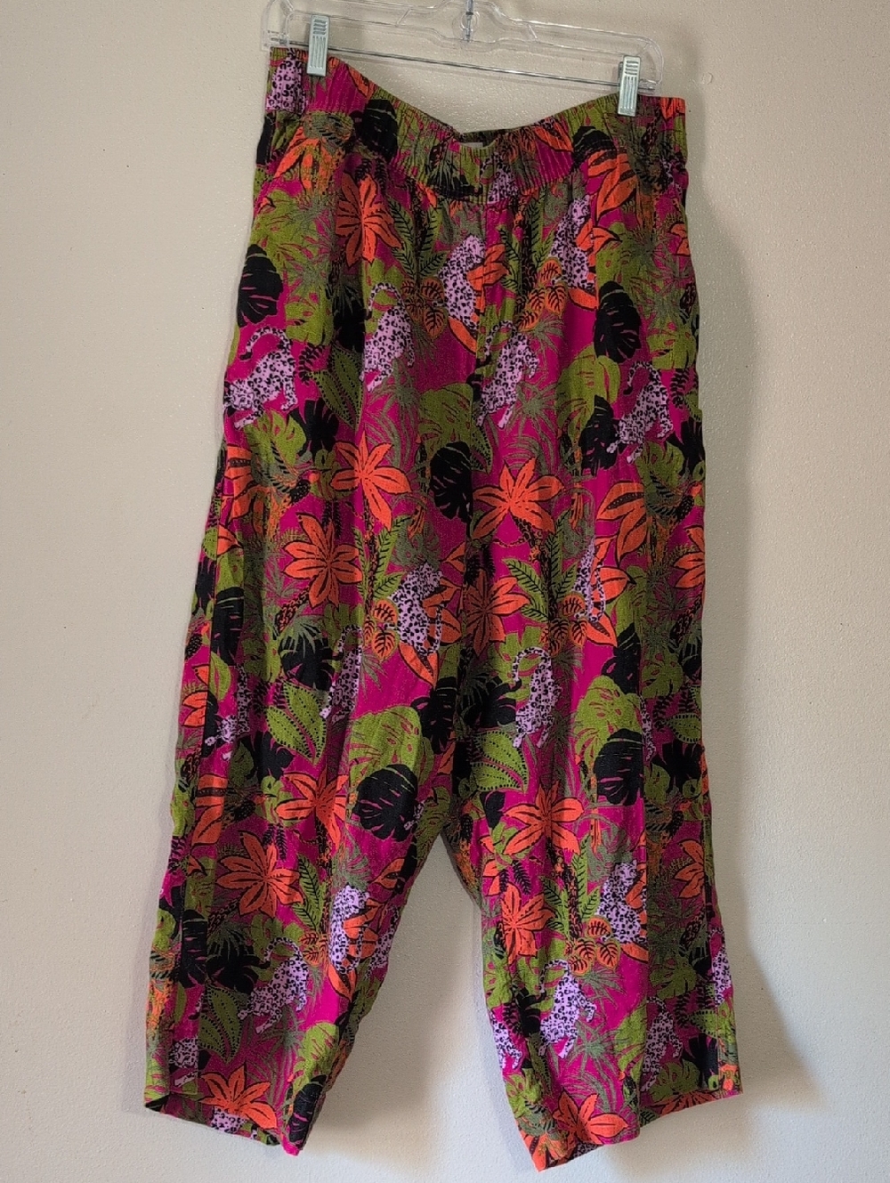 C&C California Linen Tropical Print Wide  Leg Pants in Hot Pink & Lime Size XL